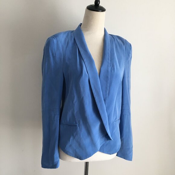 REBECCA MINKOFF Blue 100% Silk Faux Slit Pockets Long Sleeve Thin Blazer Jacket